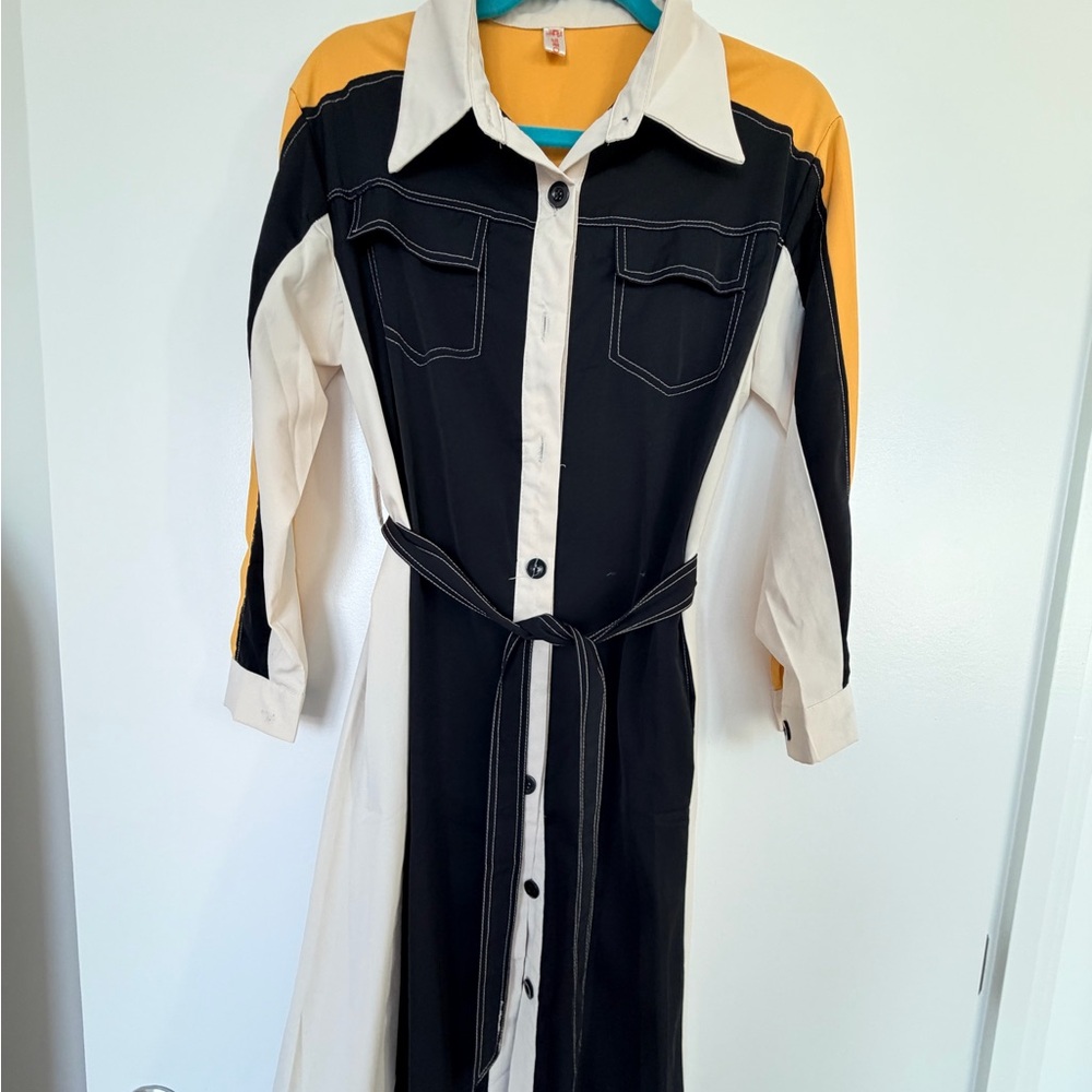 Elegant Black, Cream, and Yellow Long Sleeve Dress
